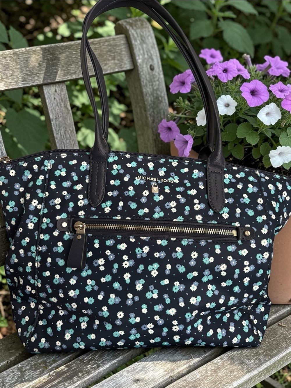 Michael Kors Floral Nylon Tote Bag Blue Ditsy Flower Shoulder Travel Bag